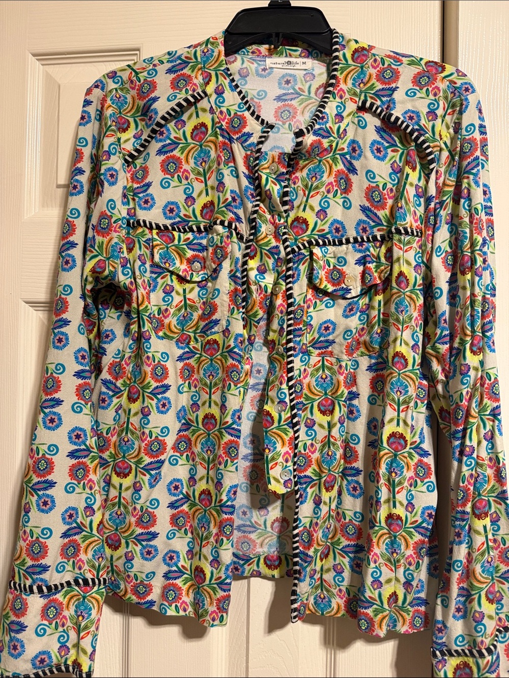 NATURAL LIFE Cream Floral Tie-Neck Blouse with Multicolor Print